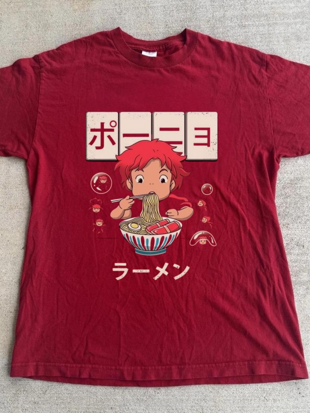 Gildan CardinalRed Japanese Anime Ponyo Mermaid Eat Ramen Graphic Tee